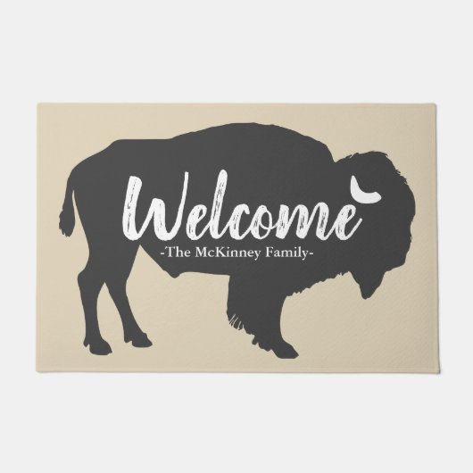 Rustic Grey Buffalo Bison & Family Name Welkom Deurmat (Voorkant)