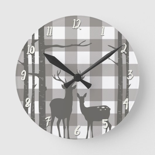 Rustic Grey Buffalo Pset Checkers Deer & Birch Ronde Klok (Voorkant)