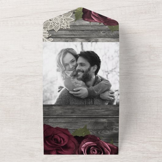 Rustic Grey Burgundy Rozen White Lace Weddenschap  All In One Uitnodiging (Buitenkant)