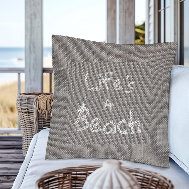 Rustic Grey Burlap Style "Het leven is een strand" Kussen (Creator heeft geüpload)