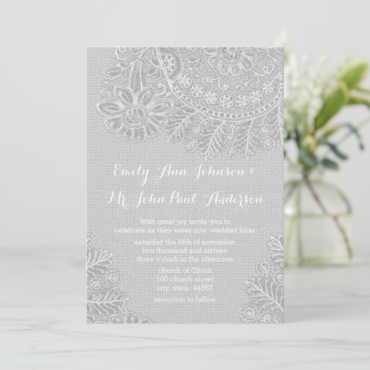 Rustic Grey Burlap Wedding Invitations Kaart (Staand voorkant)
