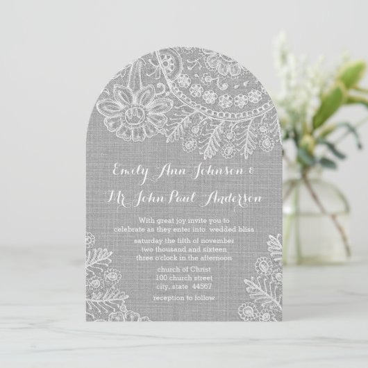 Rustic Grey Burlap Wedding Invitations Kaart (Staand voorkant)