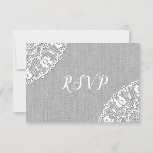 Rustic Grey Canvas + White Lace bruiloft RSVP (Achterkant)