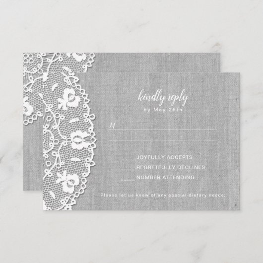 Rustic Grey Canvas + White Lace bruiloft RSVP (Voorkant / Achterkant)