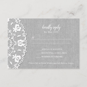 Rustic Grey Canvas + White Lace bruiloft RSVP Kaartje