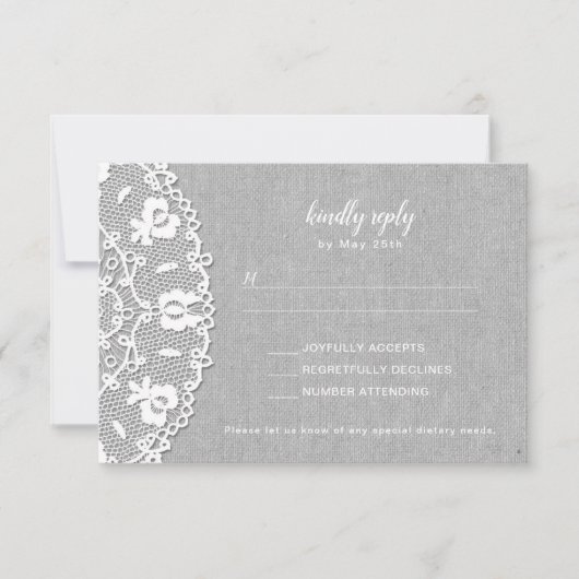 Rustic Grey Canvas + White Lace bruiloft RSVP Kaartje (Voorkant)