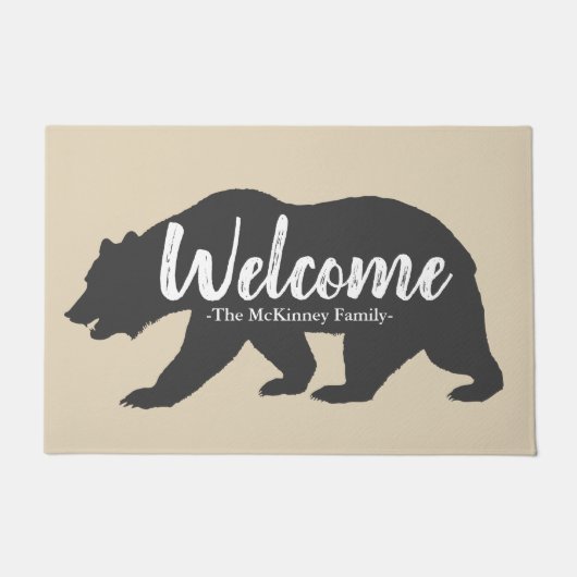 Rustic Grey Grizzly Beer & familienaam Welkom Deurmat (Voorkant)