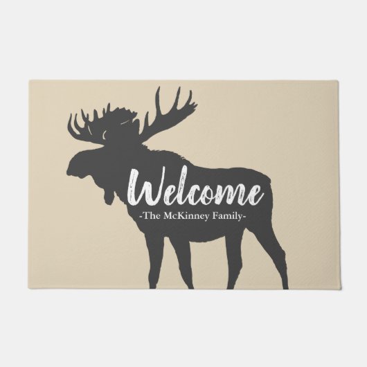 Rustic Grey Moose Silhouette & Family Name Welkom Deurmat (Voorkant)