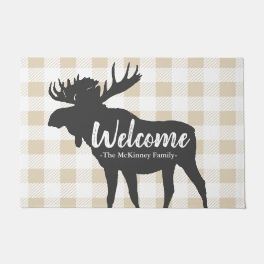 Rustic Grey Moose Silhouette & Family Name Welkom Deurmat (Voorkant)