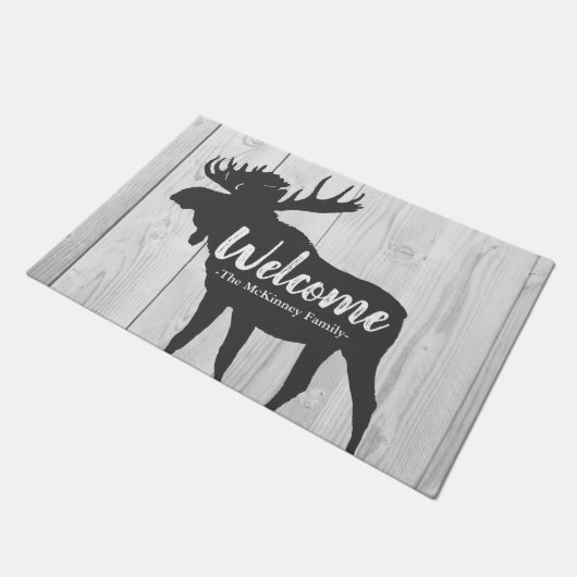 Rustic Grey Moose Silhouette & White Grey Wood Deurmat (Schuin)