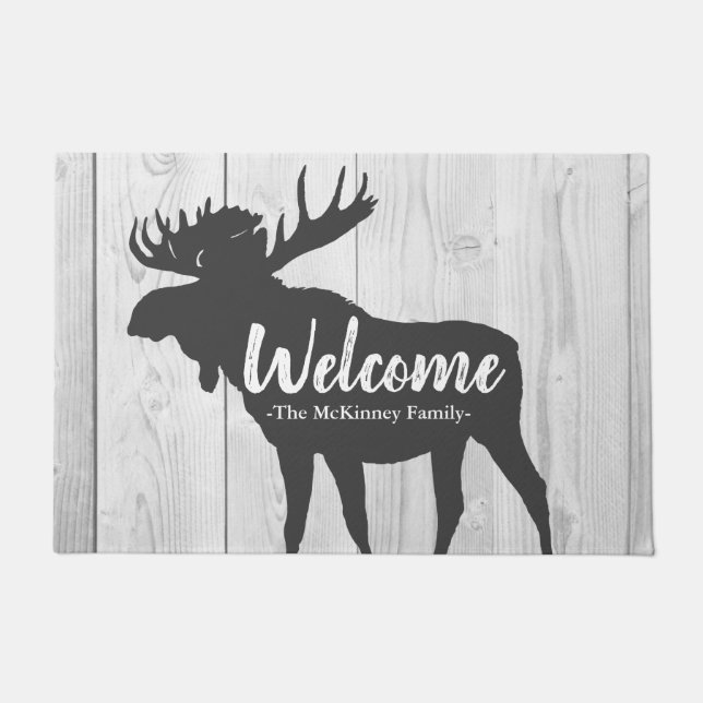 Rustic Grey Moose Silhouette & White Grey Wood Deurmat (Voorkant)