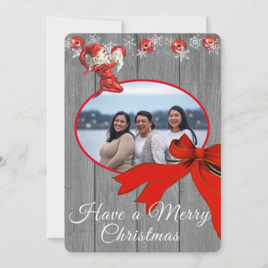 Rustic Grey Red Elf Foto Merry Kerstmis Feestdagenkaart (Voorkant)