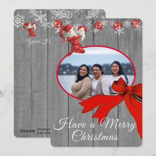 Rustic Grey  Red Elf Foto Merry Kerstmis Feestdagenkaart (Voorkant / Achterkant)