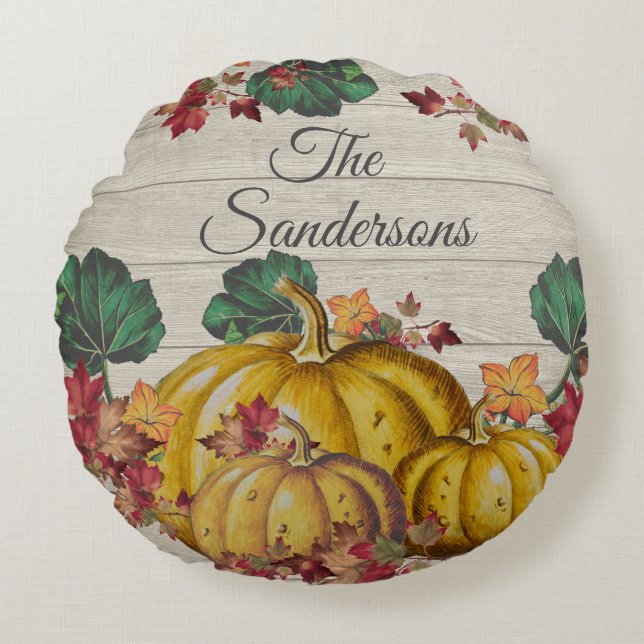 Rustic Grey Wood Autumn Oranje pompoen Rond Kussen (Voorkant)