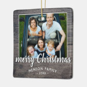 Rustic Grey Wood Family Foto Merry Kerstmis Keramisch Ornament (Links)
