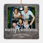 Rustic Grey Wood Family Foto Merry Kerstmis Keramisch Ornament (Achterkant)