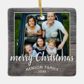 Rustic Grey Wood Family Foto Merry Kerstmis Keramisch Ornament (Voorkant)