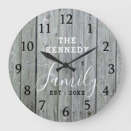 Rustic Grey Wood Farmhouse Familie Naam Grote klok