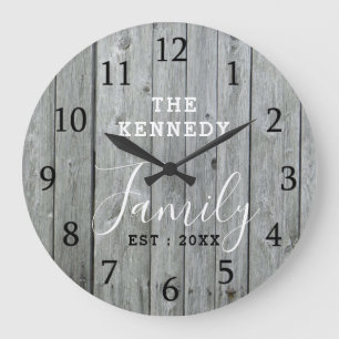 Rustic Grey Wood Farmhouse Familie Naam Grote klok