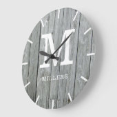Rustic Grey Wood Farmhouse Monogram Naam Grote Klok (Hoek)