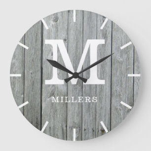 Rustic Grey Wood Farmhouse Monogram Naam Grote Klok