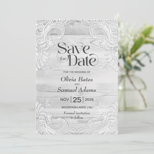Rustic Grey Wood Lace Wedding Save The Date (Staand voorkant)