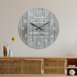 Rustic Grey Wood Love Quote Weddenschap Jubileum Grote Klok