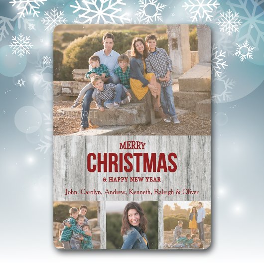 Rustic Grey Wood Panel Four Photo Template Holiday Feestdagenkaart
