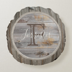 Rustic Grey Wood Tone Monogram Rond Kussen