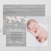 Rustic grijs houtfloreel baptisme dank je kaart (Voorkant / Achterkant)