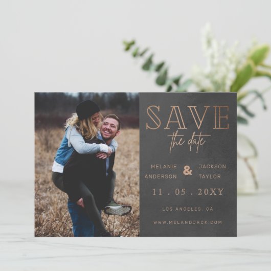 Rustic grijze handgeschreven foto Opslaan datum Save The Date (Staand voorkant)