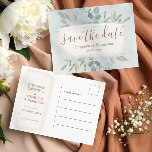 Rustic Groen & Beige Botanisch Bewaar de Datum Aankondigingskaart