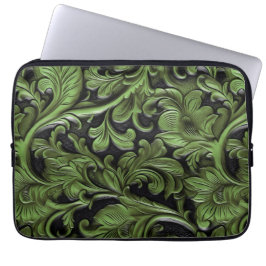 Rustic groen bewerkt leer laptop sleeve