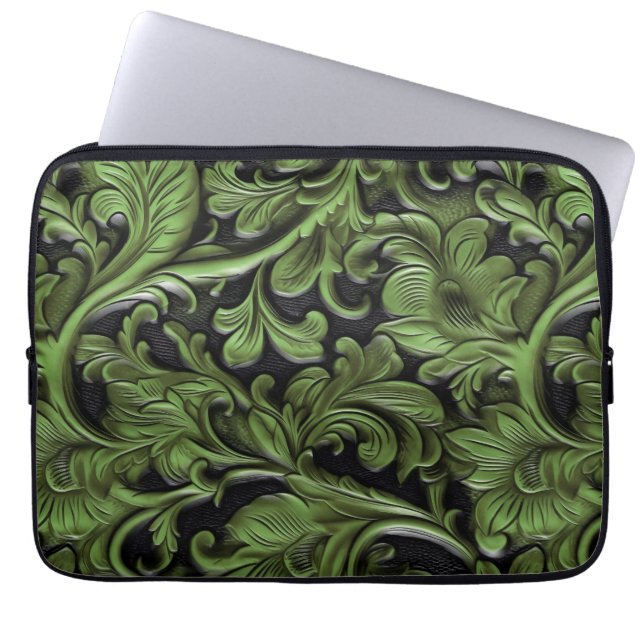Rustic groen bewerkt leer laptop sleeve (Voorkant)