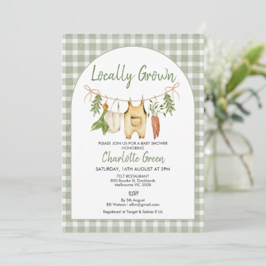 Rustic Groen Gingham Lokale Baby Shower Kaart (Staand voorkant)