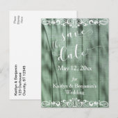 Rustic Groen Hout Witte Scrollwerk Bewaar de Datum Aankondigingskaart (Voorkant / Achterkant)