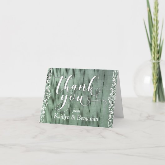Rustic Groen Hout Witte Scrollwerk Dank Je 1 Bedankkaart (Voorkant)
