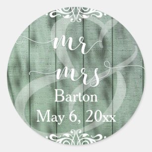 Rustic Groen Houten Witte Rolwerk Huwelijk Ronde Sticker