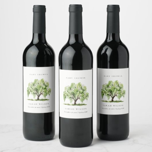 Rustic Groene Aquarel Wilg Babyshower Wijn Etiket (Flessen)