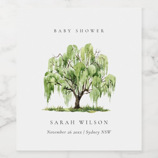 Rustic Groene Aquarel Wilg Babyshower Wijn Etiket (Enkel label)