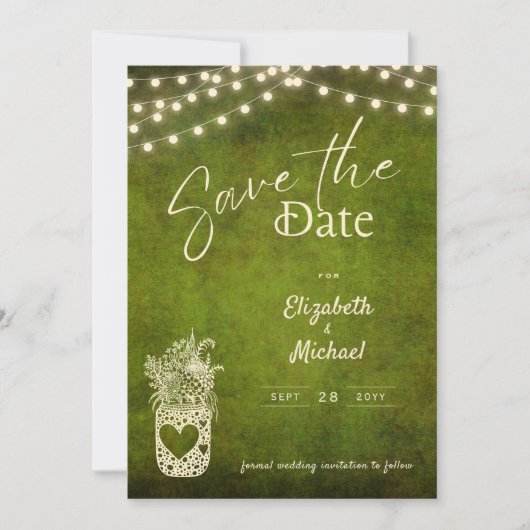 Rustic groene glazen pot Save the Date digitale af Kaart (Voorkant)