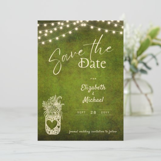 Rustic groene glazen pot Save the Date digitale af Kaart (Staand voorkant)
