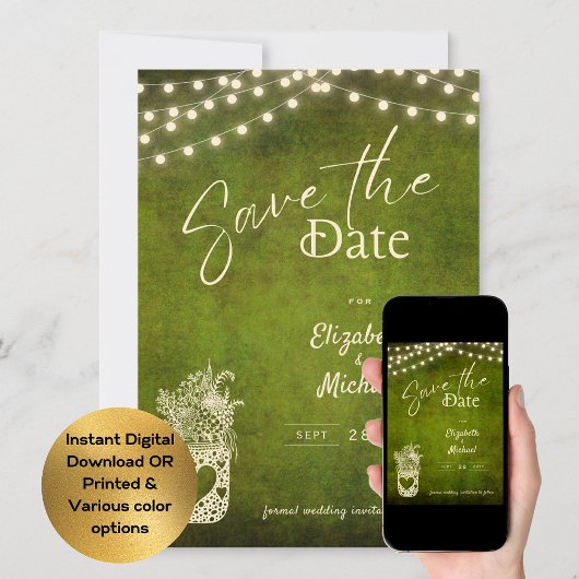 Rustic groene glazen pot Save the Date digitale af Kaart
