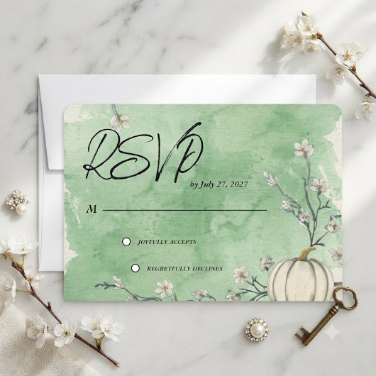 Rustic groene herfst pompoen bruiloft RSVP Kaartje
