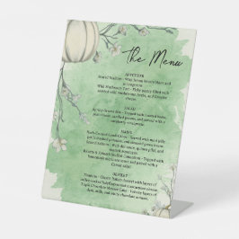 Rustic groene herfst pompoen trouwmenu reclamebord met voetstuk