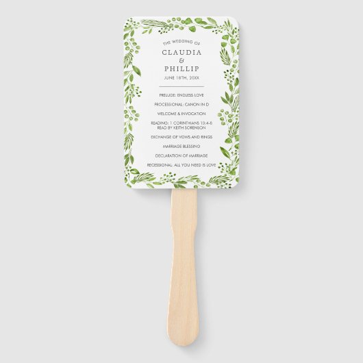 Rustic groene olijfblad kader trouwprogramma handwaaier (Voorkant)