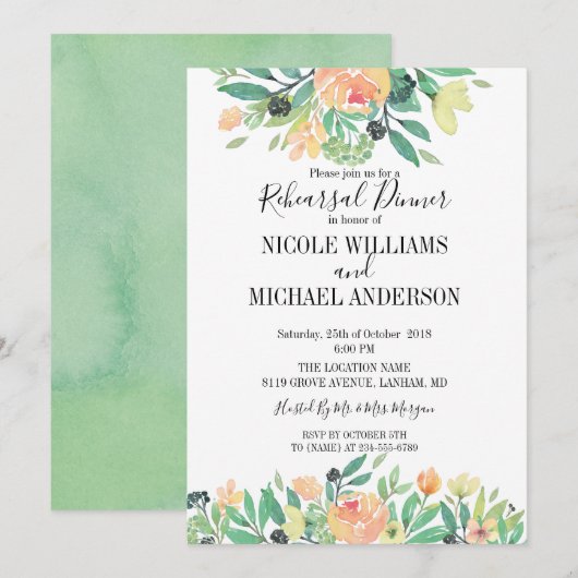 RUSTIC Groene waterverf pioen repetitie diner Kaart (Voorkant / Achterkant)