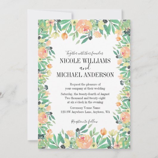 RUSTIC Groene waterverf roze pioen Bloemen BRUILOF Kaart (Voorkant)