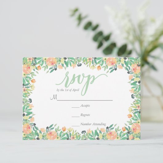 RUSTIC Groene waterverf roze pioenen RSVP-kaart RSVP Kaartje (Staand voorkant)