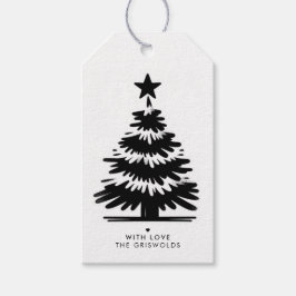 Rustic Grunge Black & White Merry Christmas Tree Cadeaulabel